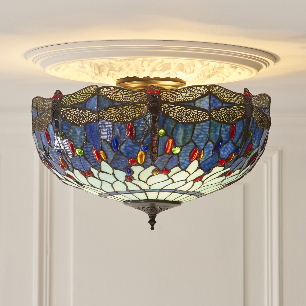 Interiors 1900 Dragonfly Large 3 Light Tiffany Semi Flush Ceiling Light in Satin Black with Blue Glass