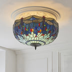 Interiors 1900 Dragonfly Large 3 Light Tiffany Semi Flush Ceiling Light in Satin Black with Blue Glass