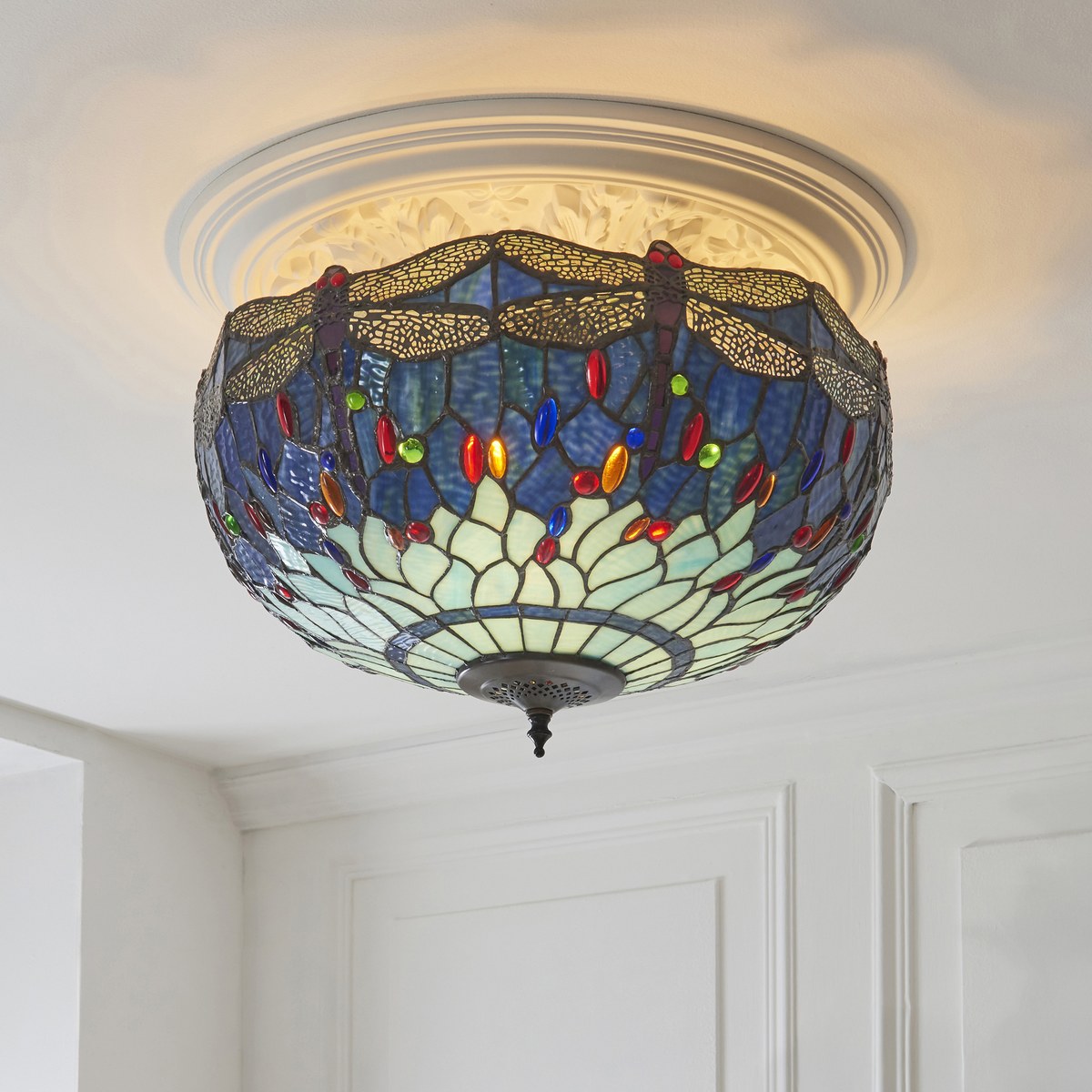 Interiors 1900 Dragonfly Large 3 Light Tiffany Semi Flush Ceiling Light in Satin Black with Blue Glass