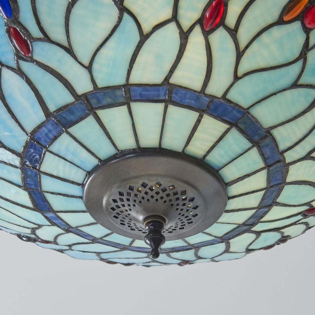 Interiors 1900 Dragonfly Large 3 Light Tiffany Semi Flush Ceiling Light in Satin Black with Blue Glass