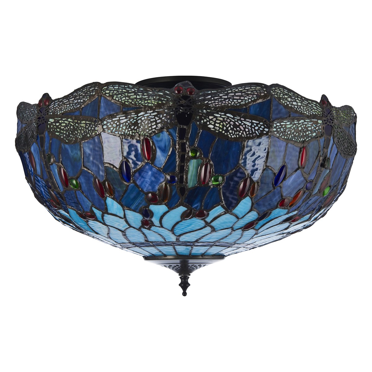Interiors 1900 Dragonfly Large 3 Light Tiffany Semi Flush Ceiling Light in Satin Black with Blue Glass