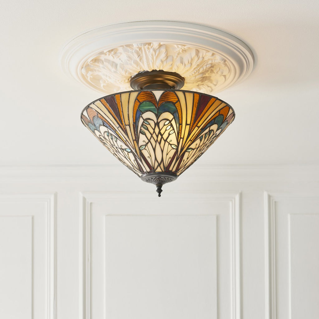 Interiors 1900 Hector 3 Light Tiffany Semi Flush Ceiling Light in Satin Black