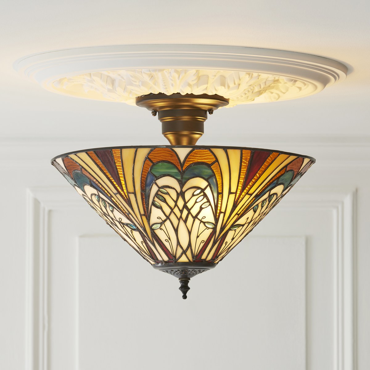 Interiors 1900 Hector 3 Light Tiffany Semi Flush Ceiling Light in Satin Black