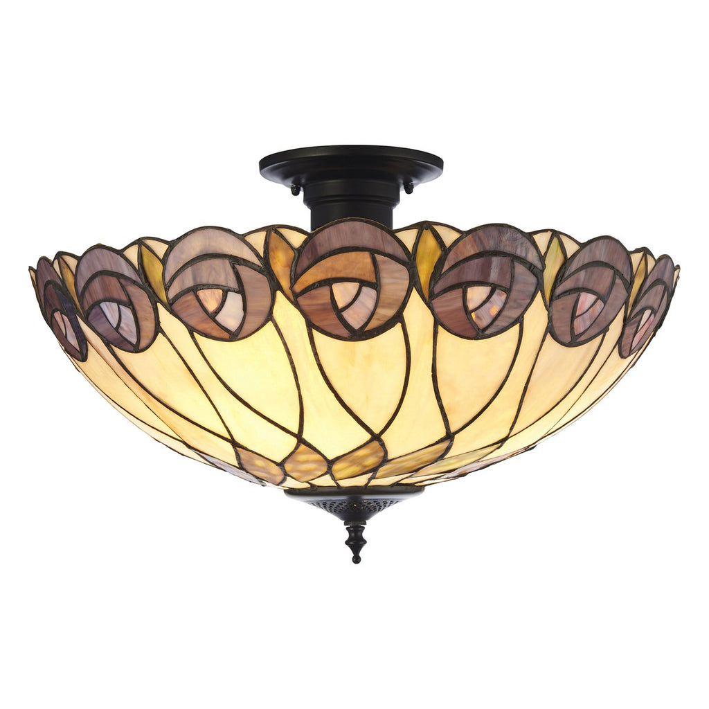 Interiors 1900 Hutchinson 3 Light Tiffany Semi Flush Ceiling Light in Satin Black