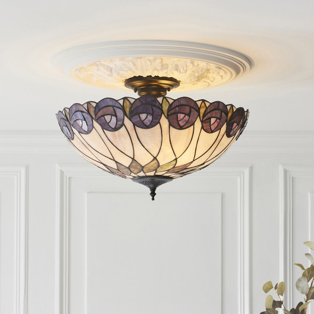Interiors 1900 Hutchinson 3 Light Tiffany Semi Flush Ceiling Light in Satin Black