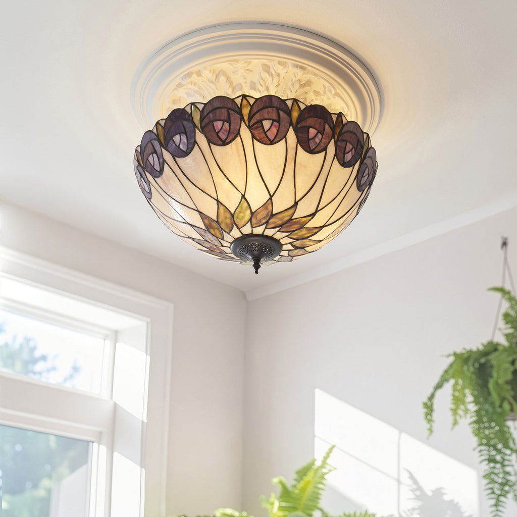 Interiors 1900 Hutchinson 3 Light Tiffany Semi Flush Ceiling Light in Satin Black