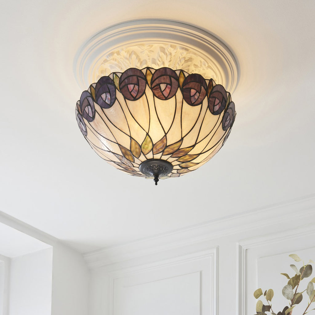 Interiors 1900 Hutchinson 3 Light Tiffany Semi Flush Ceiling Light in Satin Black