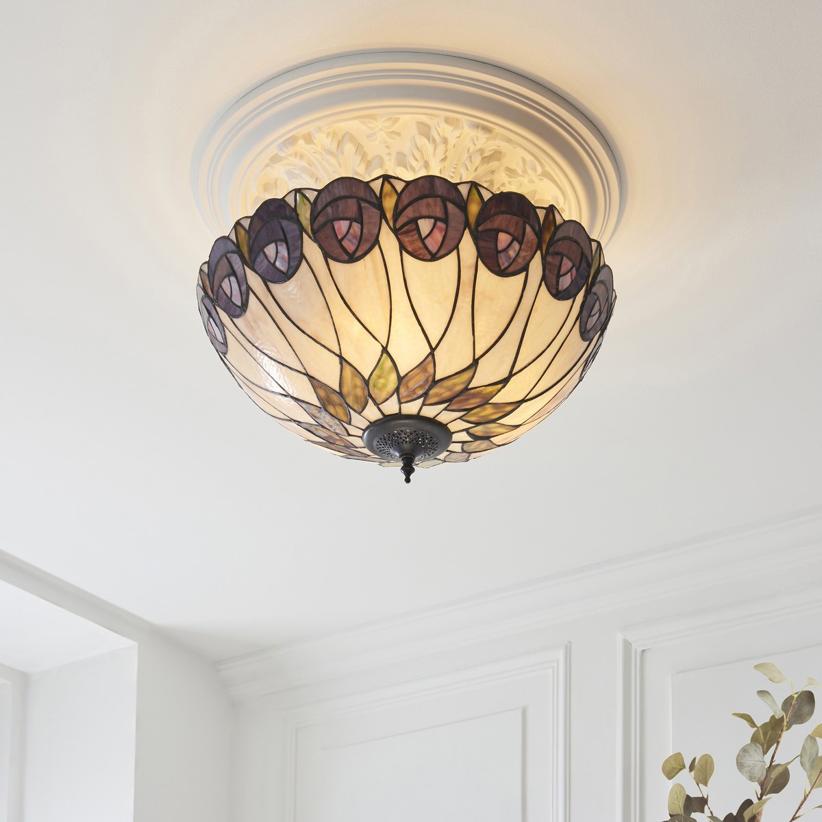 Interiors 1900 Hutchinson 3 Light Tiffany Semi Flush Ceiling Light in Satin Black