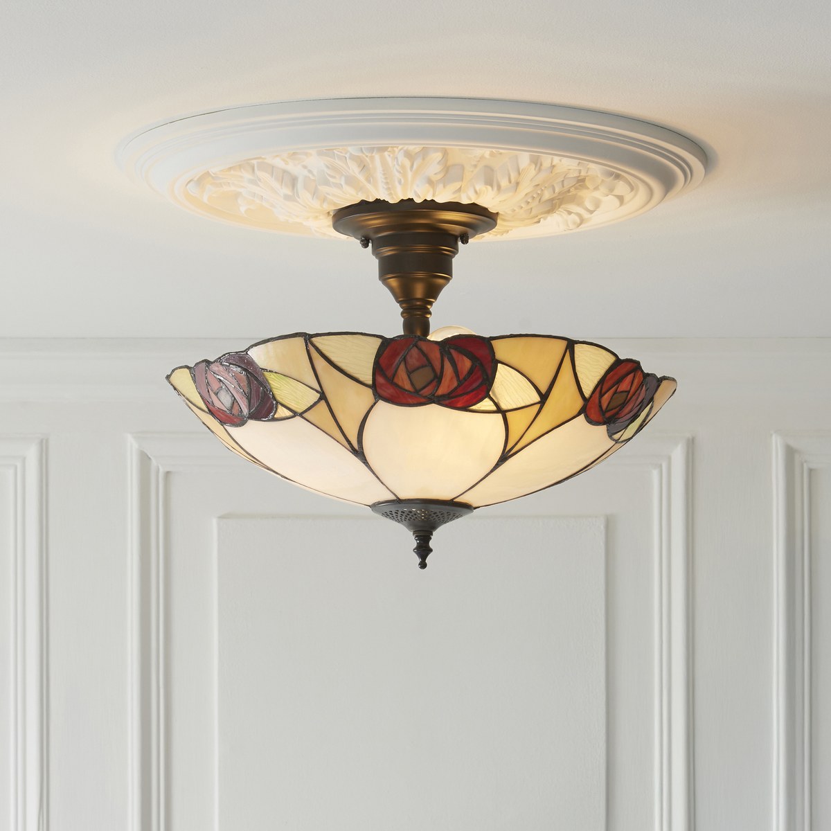 Interiors 1900 Ingram 3 Light Tiffany Semi Flush Ceiling Light in Satin Black