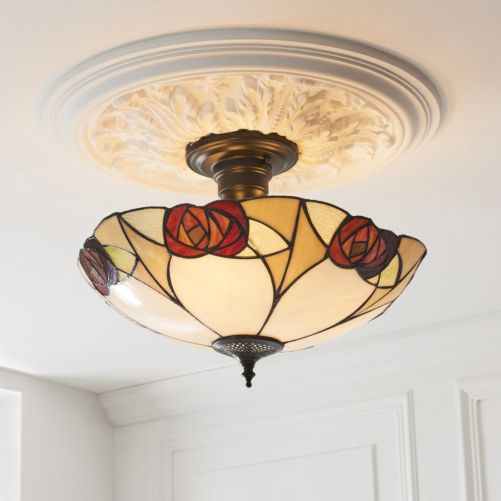 Interiors 1900 Ingram 3 Light Tiffany Semi Flush Ceiling Light in Satin Black