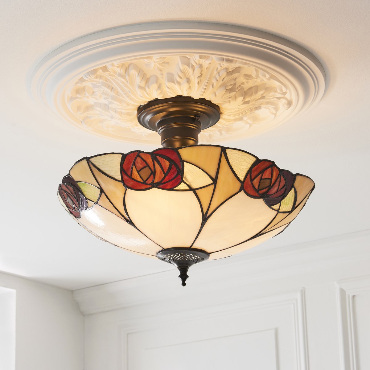 Interiors 1900 Ingram 3 Light Tiffany Semi Flush Ceiling Light in Satin Black