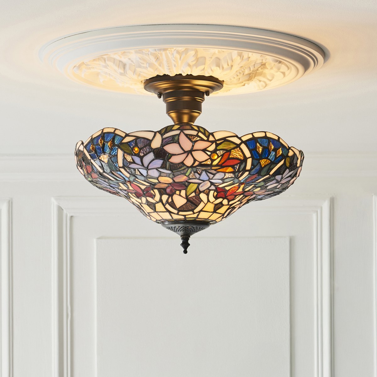 Interiors 1900 Sullivan 3 Light Tiffany Semi Flush Ceiling Light in Satin Black