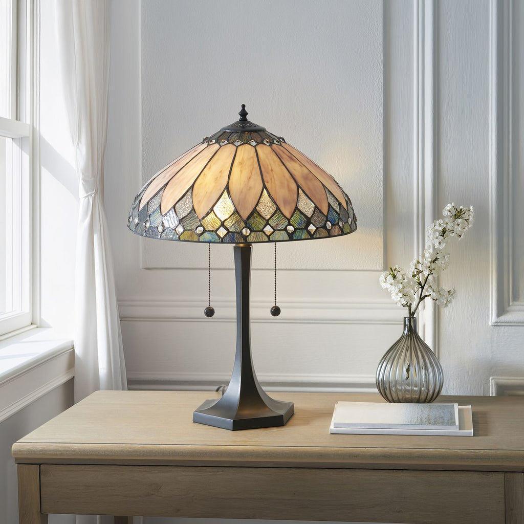 Interiors 1900 Brooklyn Medium 2 Light Tiffany Table Lamp in Satin Black