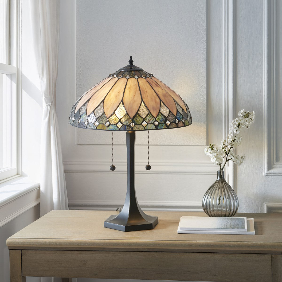Interiors 1900 Brooklyn Medium 2 Light Tiffany Table Lamp in Satin Black
