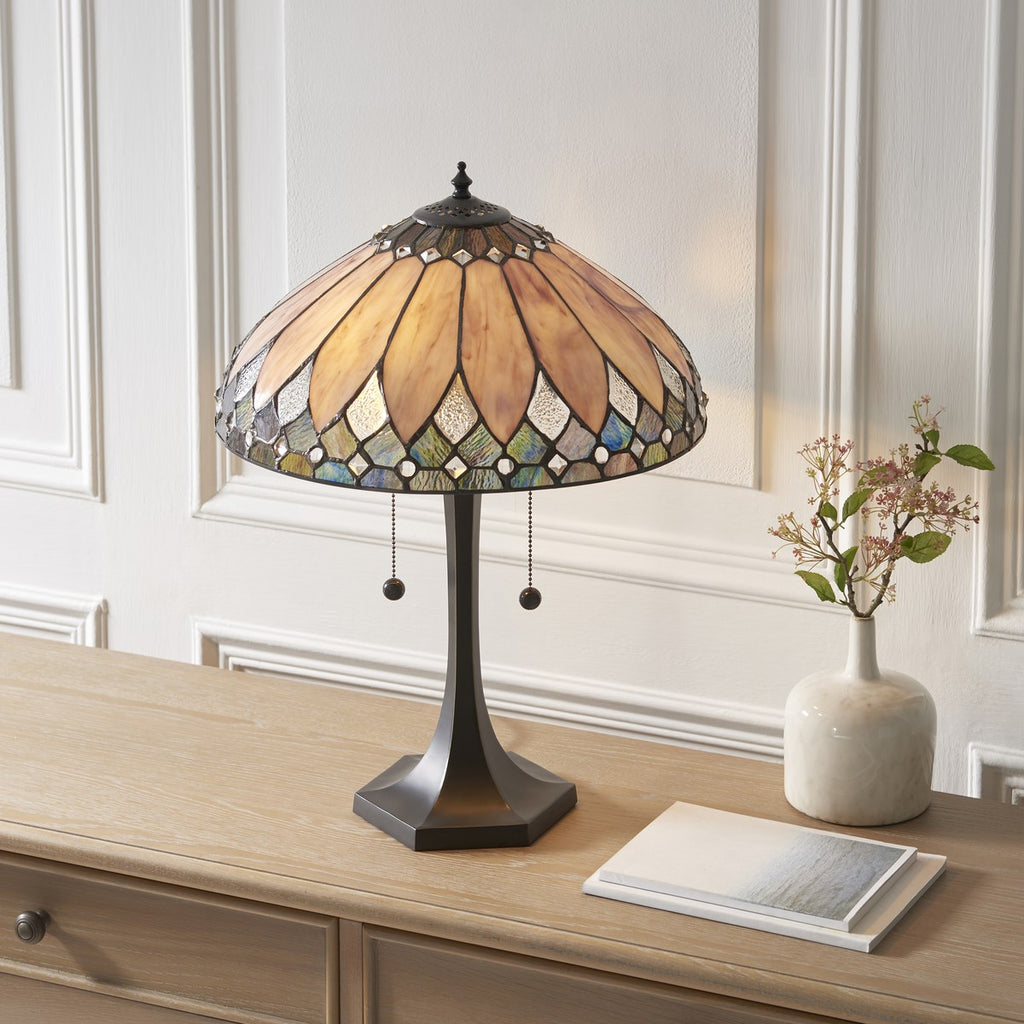 Interiors 1900 Brooklyn Medium 2 Light Tiffany Table Lamp in Satin Black