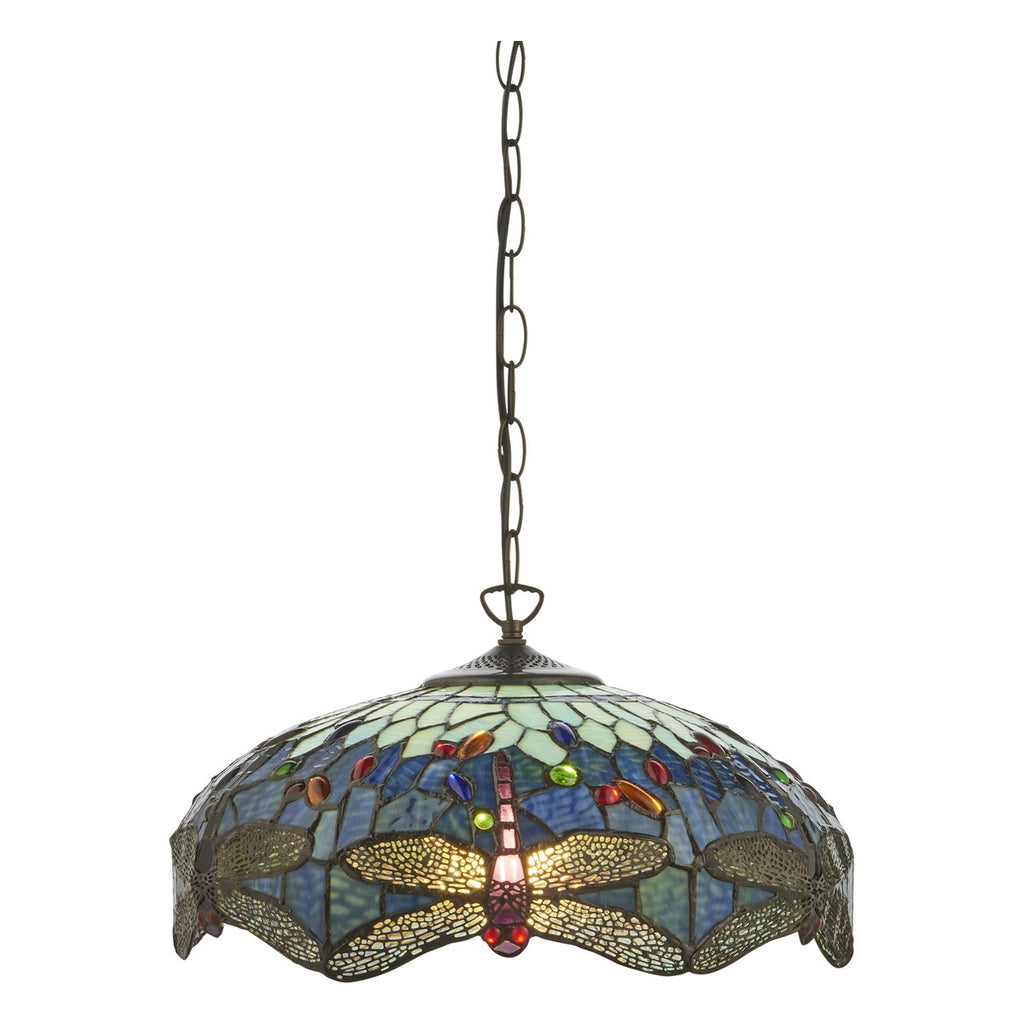 Interiors 1900 Dragonfly Medium Tiffany Pendant Light in Satin Black with Blue Glass