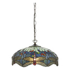 Interiors 1900 Dragonfly Medium Tiffany Pendant Light in Satin Black with Blue Glass