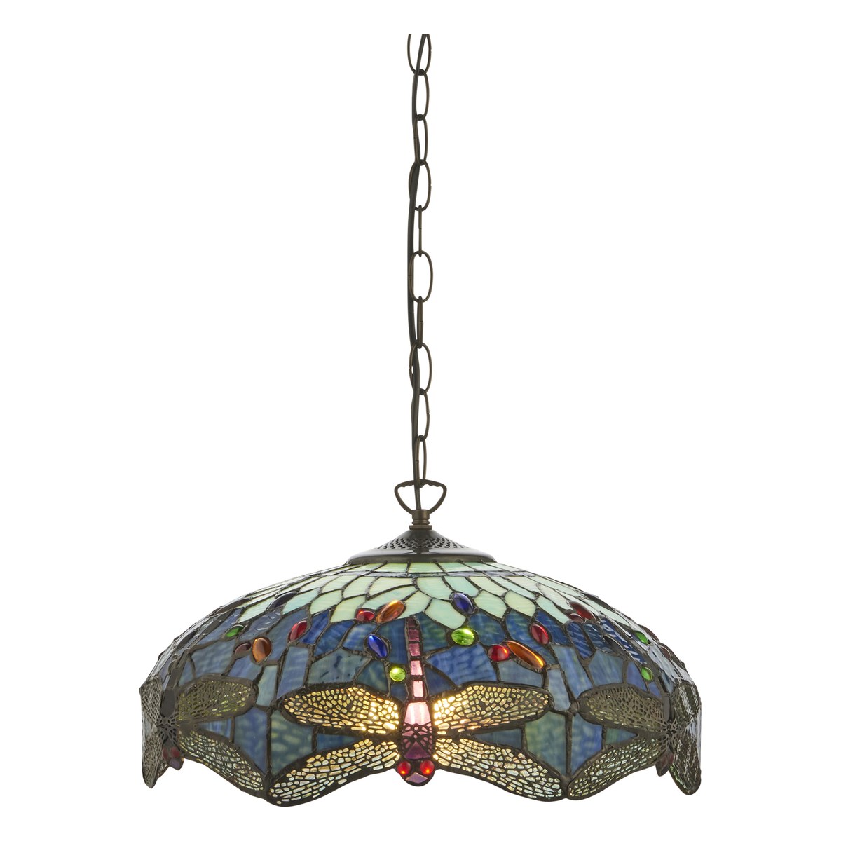 Interiors 1900 Dragonfly Medium Tiffany Pendant Light in Satin Black with Blue Glass