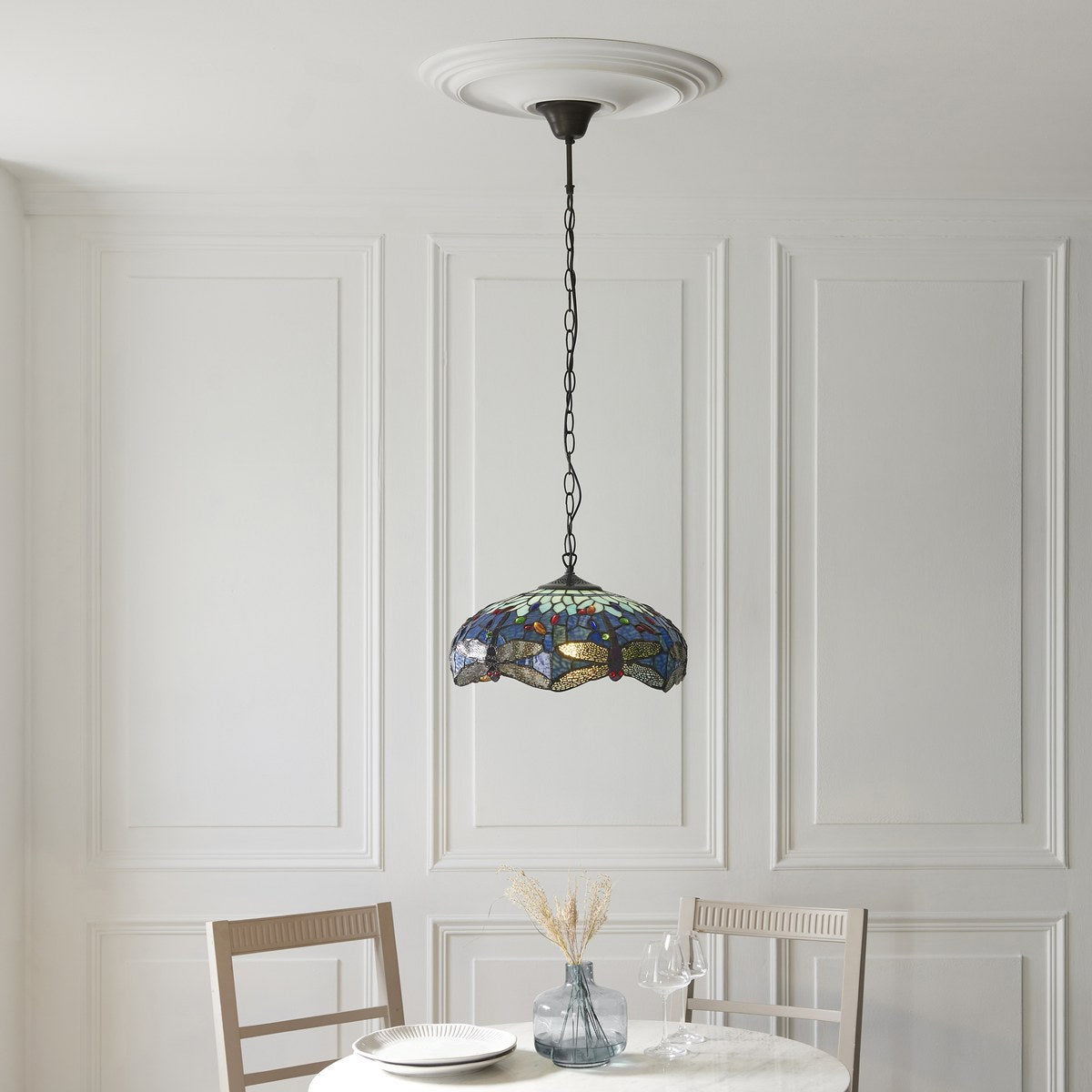 Interiors 1900 Dragonfly Medium Tiffany Pendant Light in Satin Black with Blue Glass