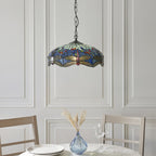 Interiors 1900 Dragonfly Medium Tiffany Pendant Light in Satin Black with Blue Glass