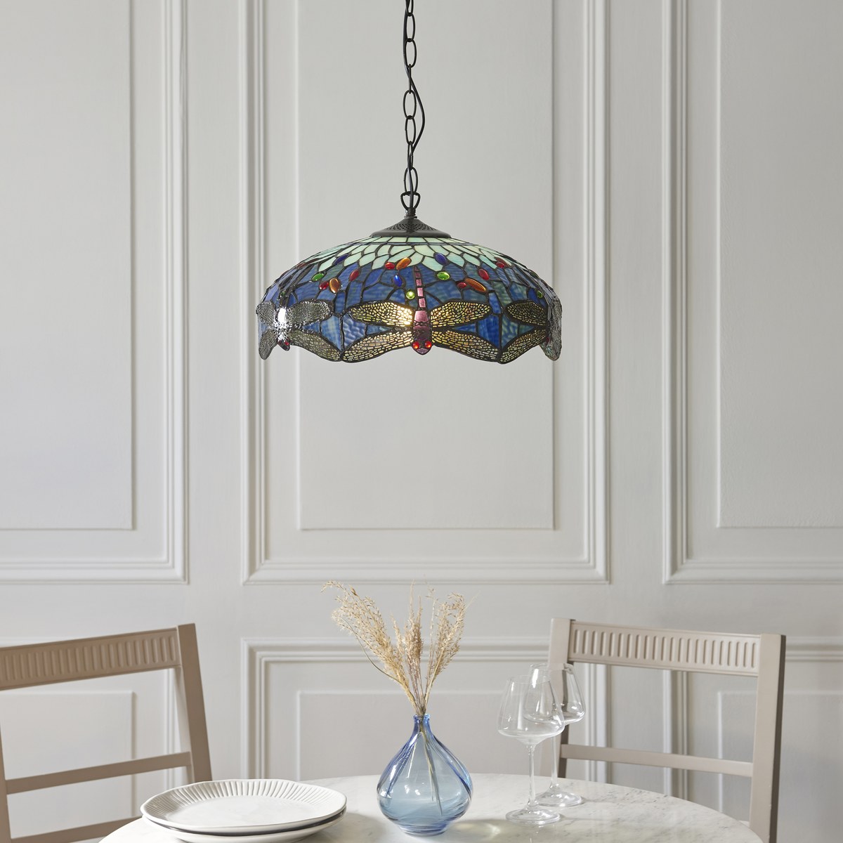 Interiors 1900 Dragonfly Medium Tiffany Pendant Light in Satin Black with Blue Glass