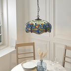 Interiors 1900 Dragonfly Medium Tiffany Pendant Light in Satin Black with Blue Glass