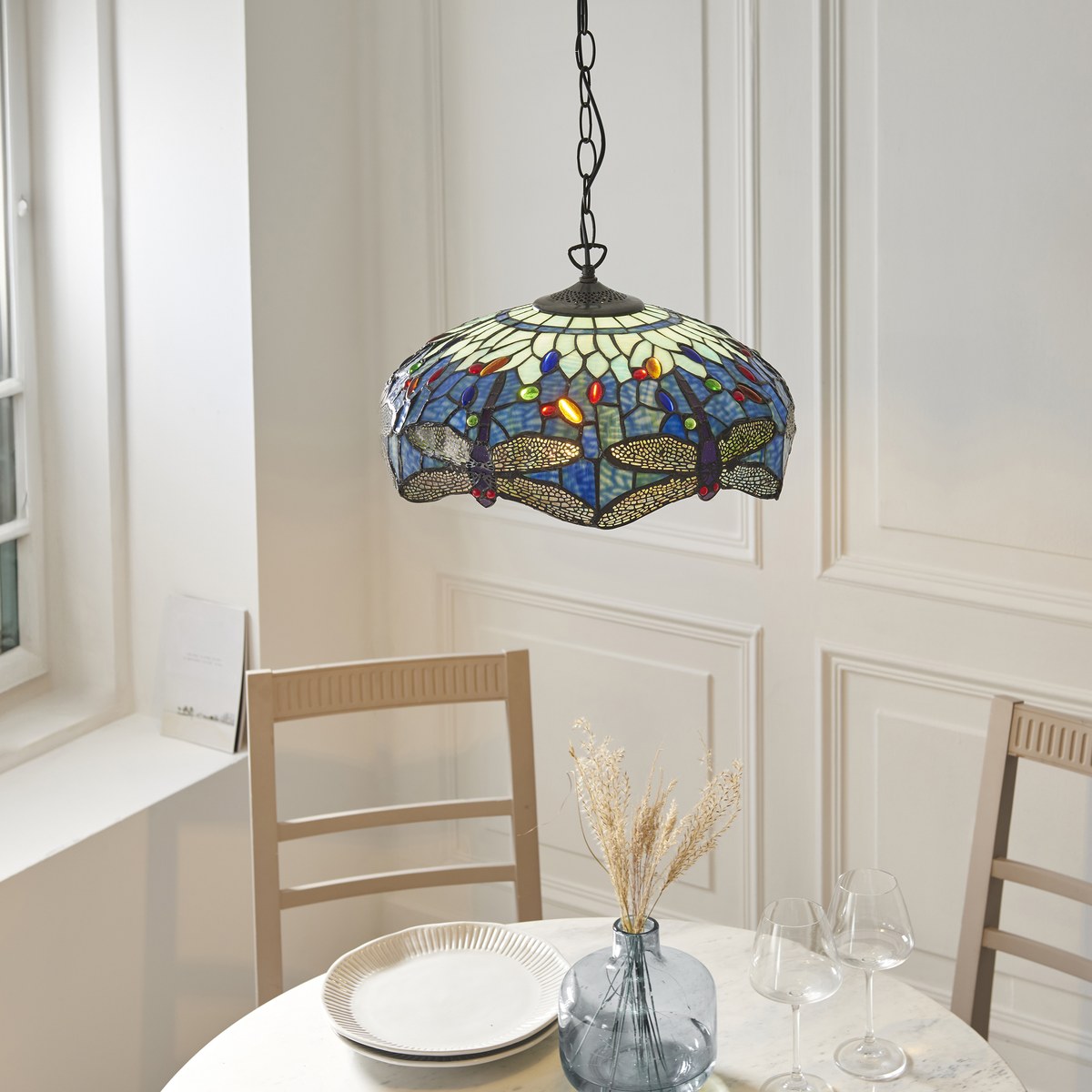 Interiors 1900 Dragonfly Medium Tiffany Pendant Light in Satin Black with Blue Glass