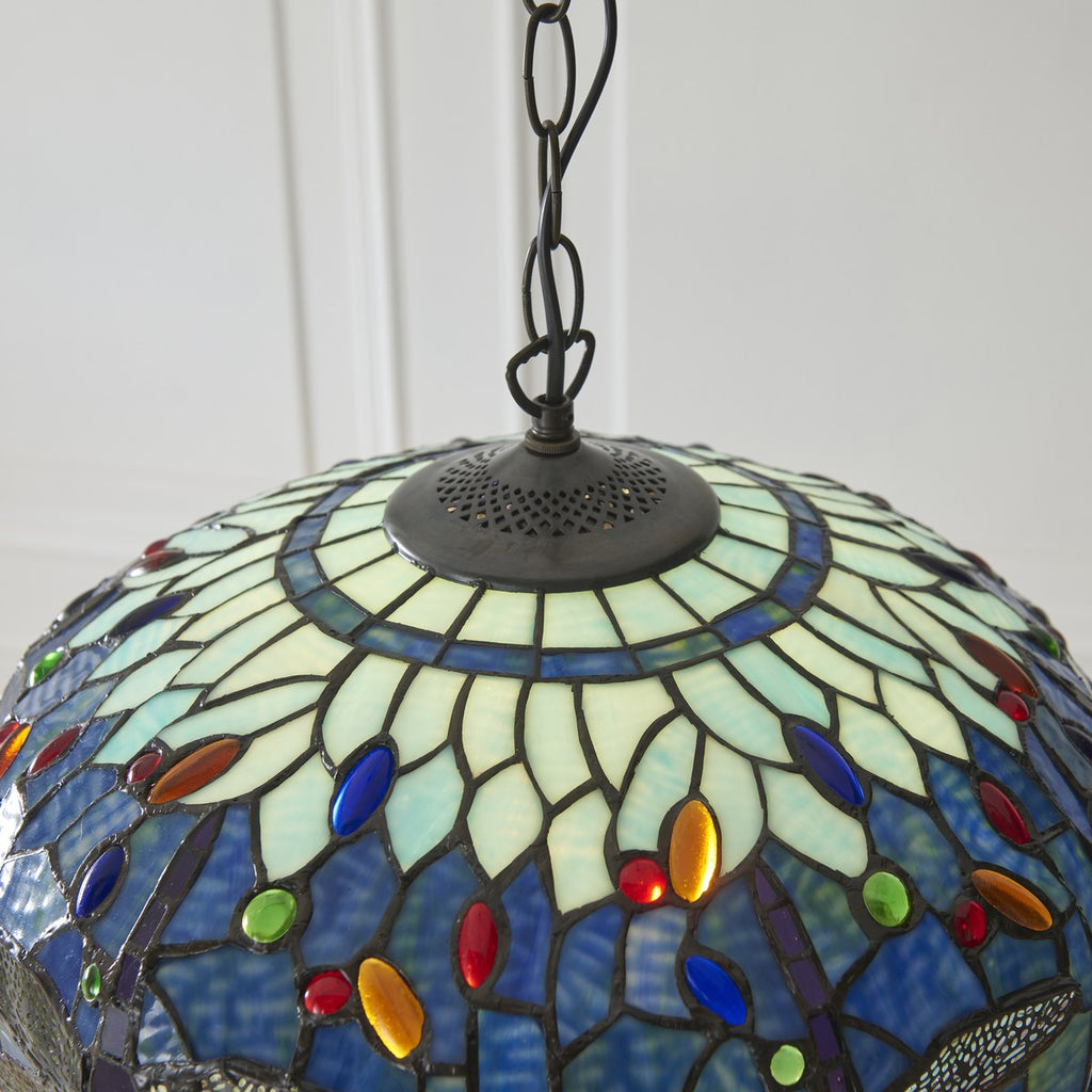 Interiors 1900 Dragonfly Medium Tiffany Pendant Light in Satin Black with Blue Glass