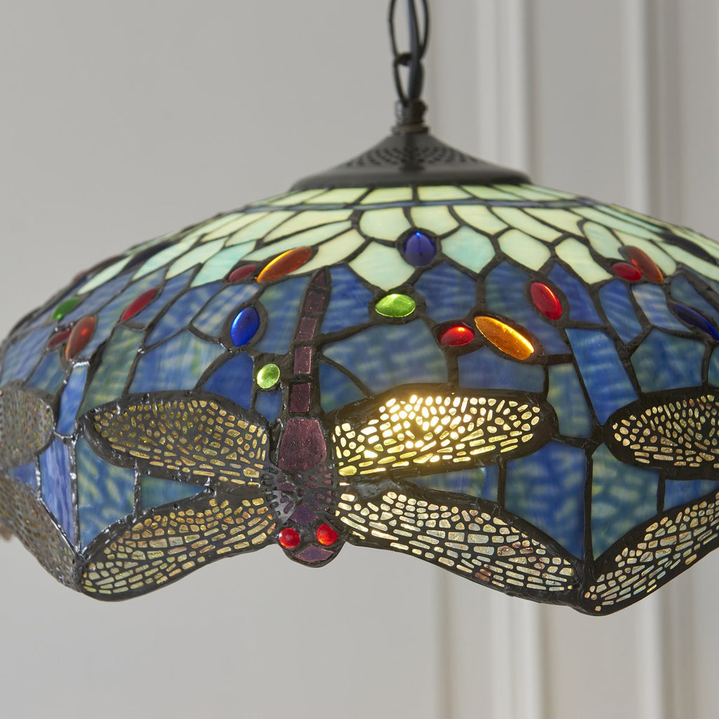 Interiors 1900 Dragonfly Medium Tiffany Pendant Light in Satin Black with Blue Glass