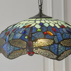 Interiors 1900 Dragonfly Medium Tiffany Pendant Light in Satin Black with Blue Glass