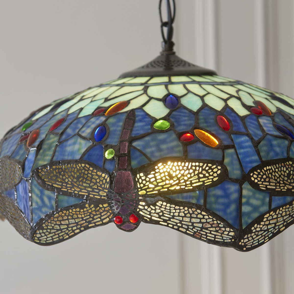 Interiors 1900 Dragonfly Medium Tiffany Pendant Light in Satin Black with Blue Glass