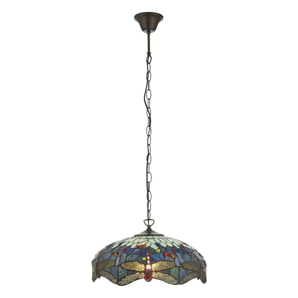 Interiors 1900 Dragonfly Medium Tiffany Pendant Light in Satin Black with Blue Glass