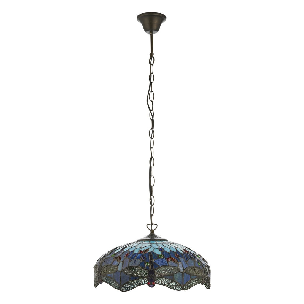 Interiors 1900 Dragonfly Medium Tiffany Pendant Light in Satin Black with Blue Glass