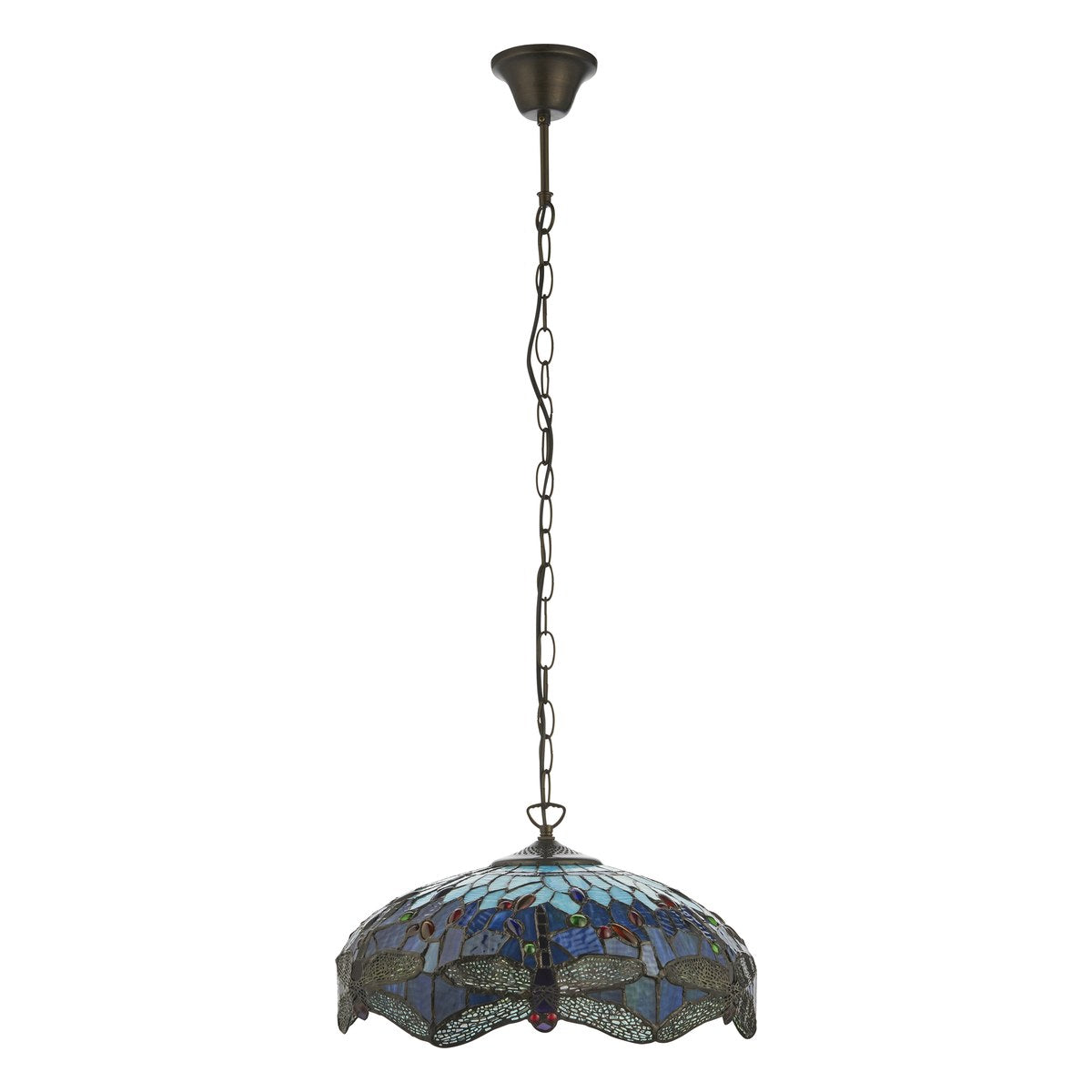 Interiors 1900 Dragonfly Medium Tiffany Pendant Light in Satin Black with Blue Glass