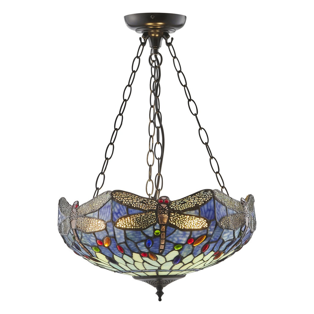 Interiors 1900 Dragonfly Large Inverted 3 Light Tiffany Pendant Light in Satin Black with Blue Glass