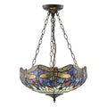 Interiors 1900 Dragonfly Large Inverted 3 Light Tiffany Pendant Light in Satin Black with Blue Glass