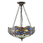 Interiors 1900 Dragonfly Large Inverted 3 Light Tiffany Pendant Light in Satin Black with Blue Glass