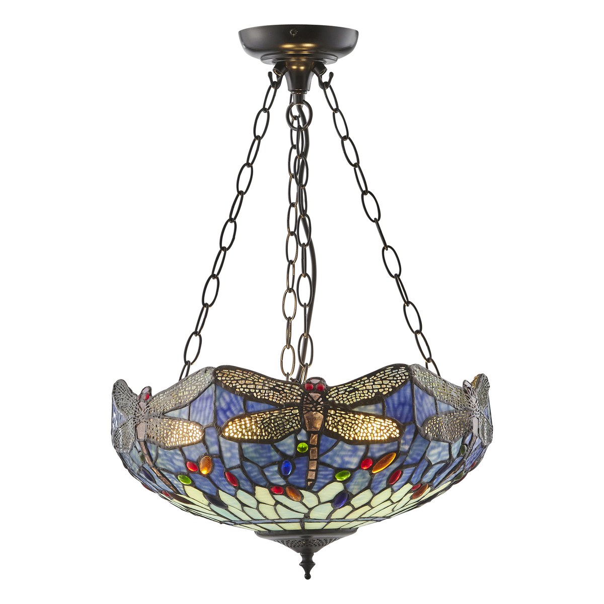 Interiors 1900 Dragonfly Large Inverted 3 Light Tiffany Pendant Light in Satin Black with Blue Glass