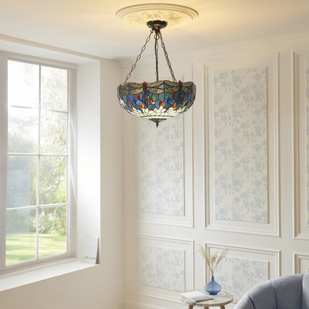 Interiors 1900 Dragonfly Large Inverted 3 Light Tiffany Pendant Light in Satin Black with Blue Glass