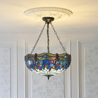 Interiors 1900 Dragonfly Large Inverted 3 Light Tiffany Pendant Light in Satin Black with Blue Glass