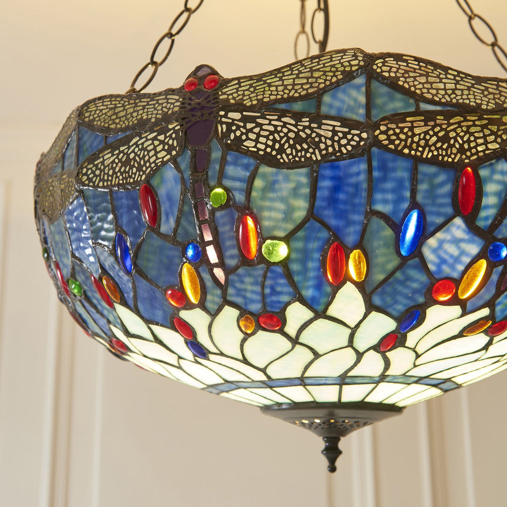 Interiors 1900 Dragonfly Large Inverted 3 Light Tiffany Pendant Light in Satin Black with Blue Glass
