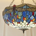 Interiors 1900 Dragonfly Large Inverted 3 Light Tiffany Pendant Light in Satin Black with Blue Glass