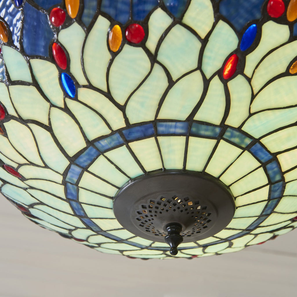 Interiors 1900 Dragonfly Large Inverted 3 Light Tiffany Pendant Light in Satin Black with Blue Glass