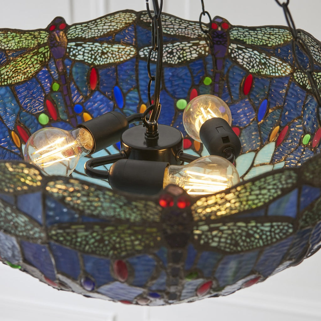 Interiors 1900 Dragonfly Large Inverted 3 Light Tiffany Pendant Light in Satin Black with Blue Glass