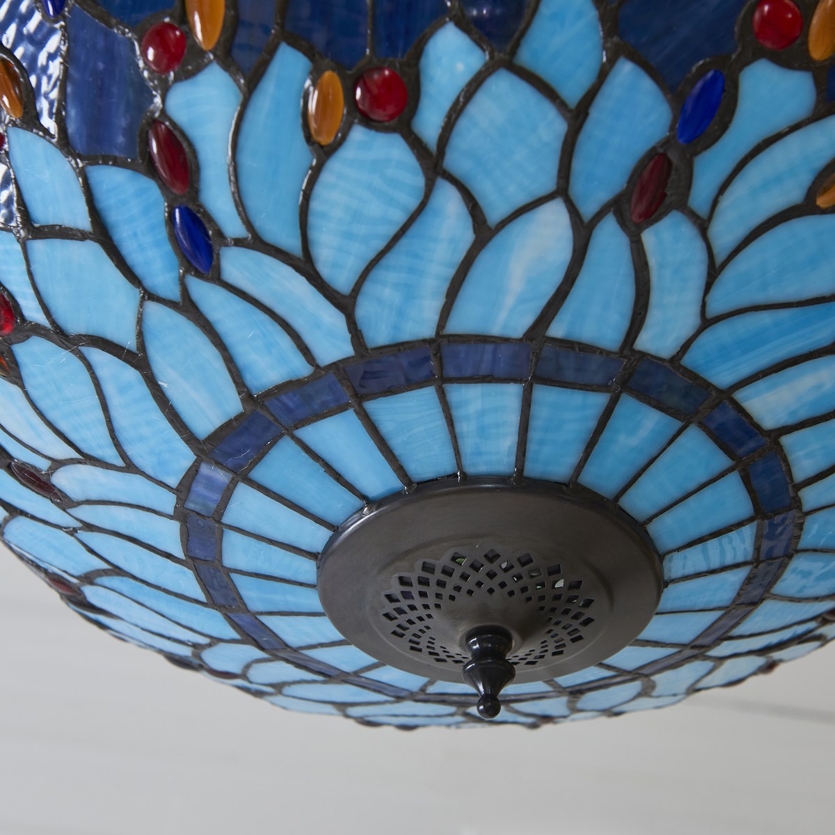 Interiors 1900 Dragonfly Large Inverted 3 Light Tiffany Pendant Light in Satin Black with Blue Glass