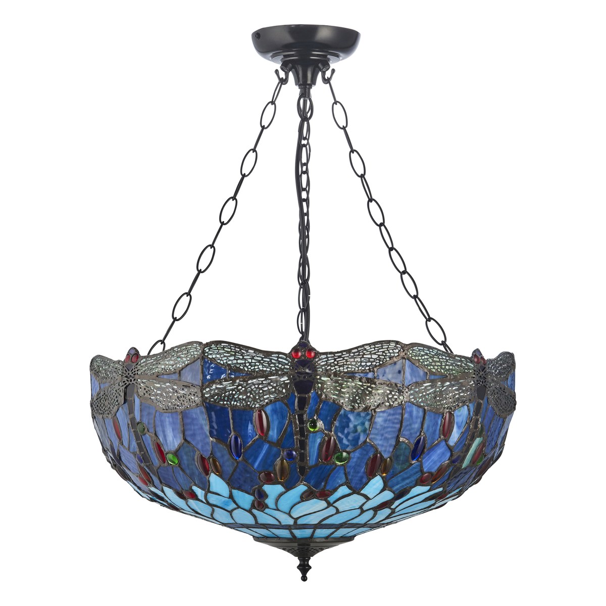 Interiors 1900 Dragonfly Large Inverted 3 Light Tiffany Pendant Light in Satin Black with Blue Glass