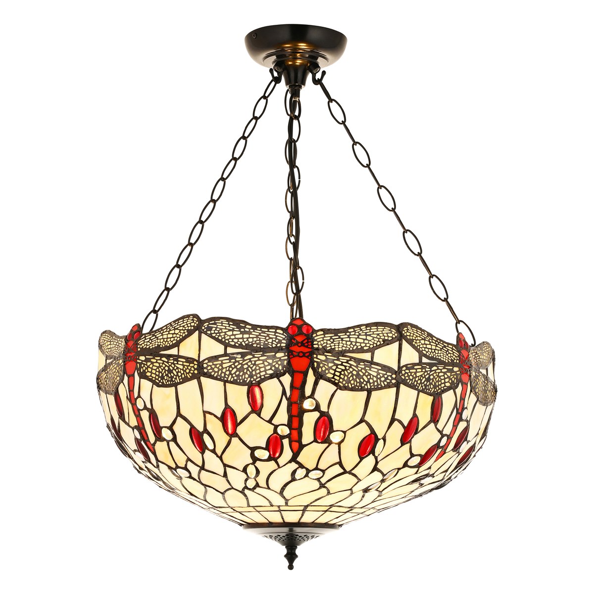 Interiors 1900 Dragonfly Large Inverted 3 Light Tiffany Pendant Light in Satin Black with Beige Glass