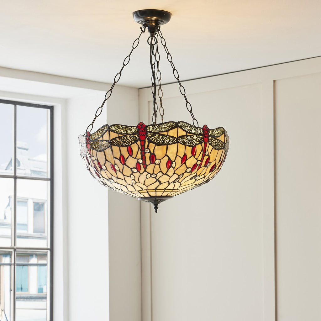 Interiors 1900 Dragonfly Large Inverted 3 Light Tiffany Pendant Light in Satin Black with Beige Glass