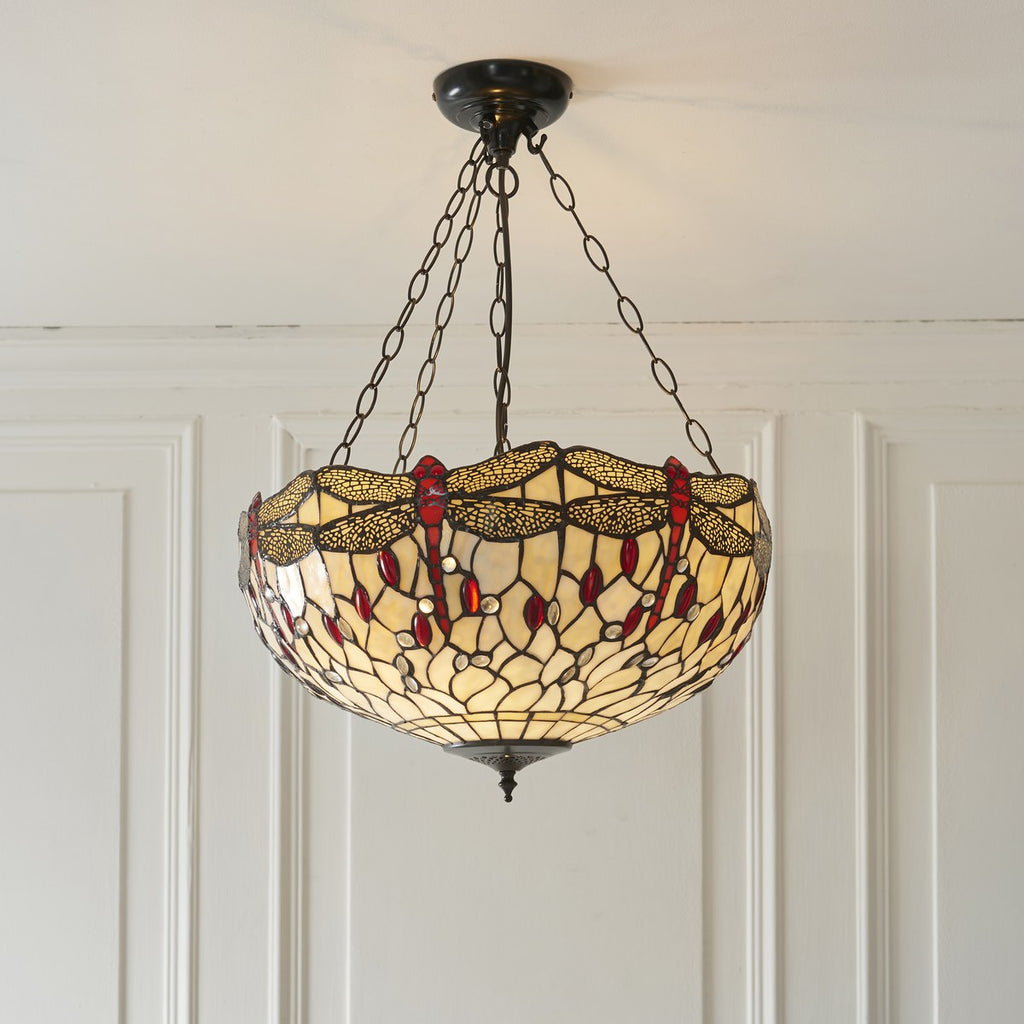 Interiors 1900 Dragonfly Large Inverted 3 Light Tiffany Pendant Light in Satin Black with Beige Glass
