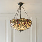 Interiors 1900 Dragonfly Large Inverted 3 Light Tiffany Pendant Light in Satin Black with Beige Glass